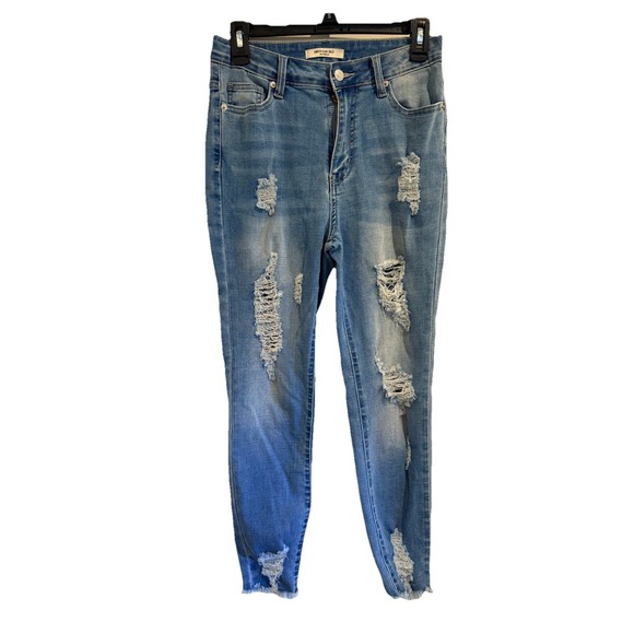 American Colors Denim - American‎ Bazi Womens Jeans Size 7 Blue Denim Distressed Raw Hem High Rise Rips